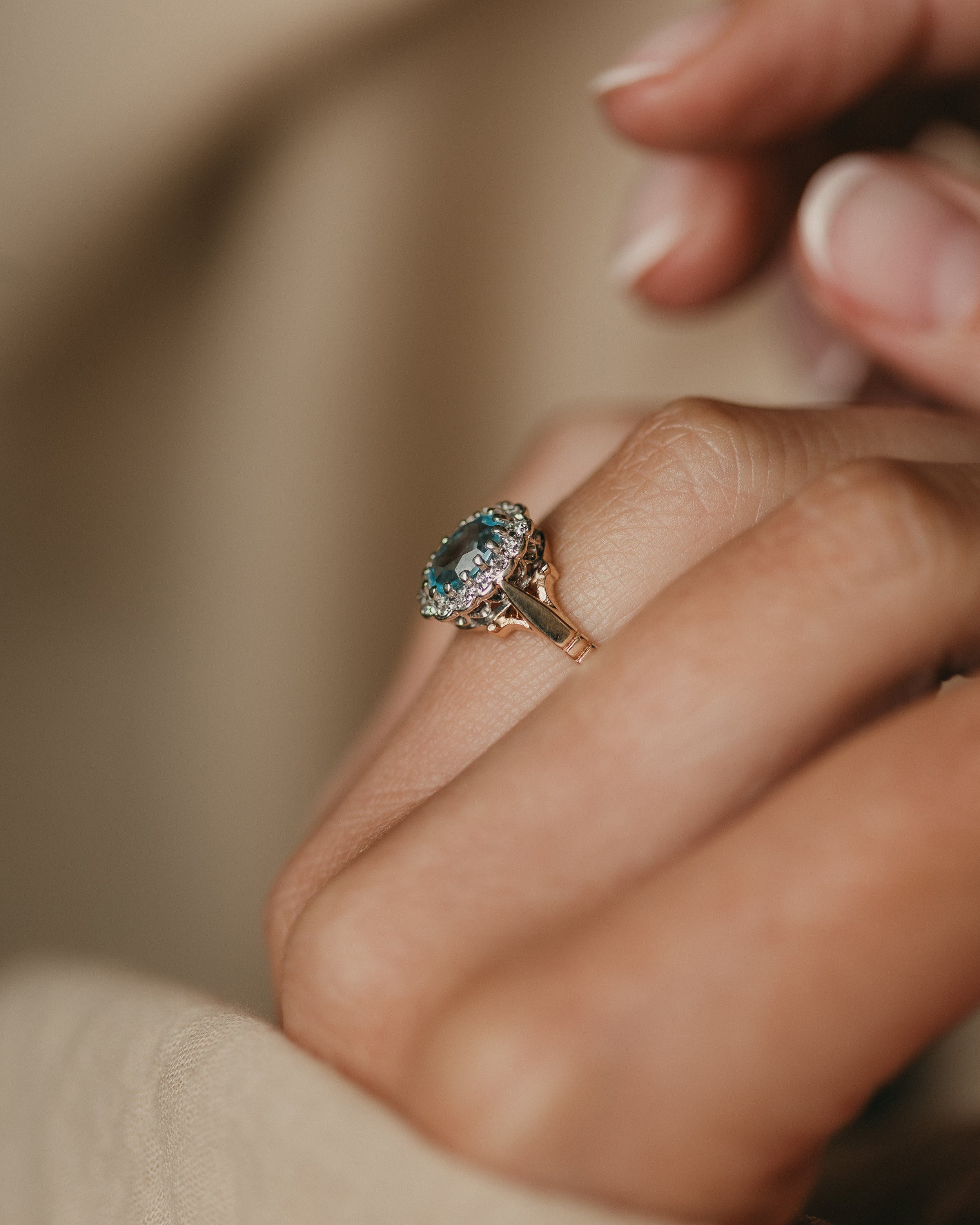 Catherine 1988 Vintage 9ct Gold Blue Topaz & Diamond Cluster Ring