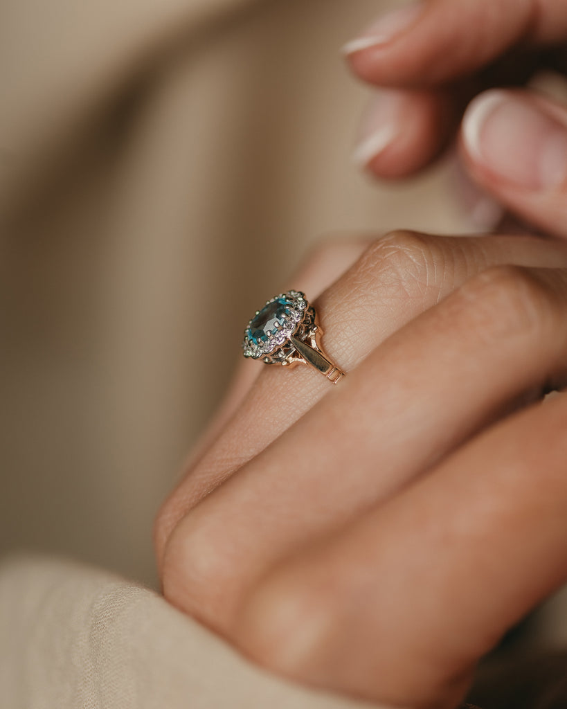 Catherine 1988 Vintage 9ct Gold Blue Topaz & Diamond Cluster Ring
