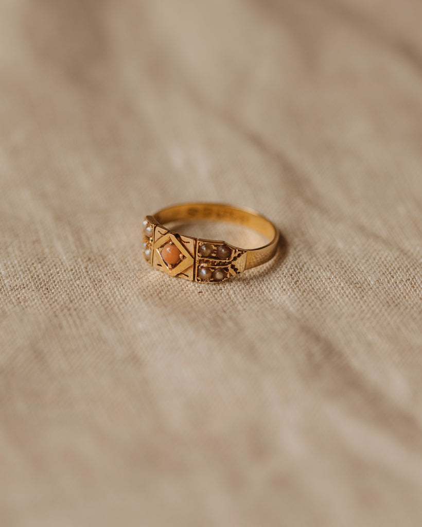 Kitty 1885 Victorian 15ct Gold Coral & Pearl Ring
