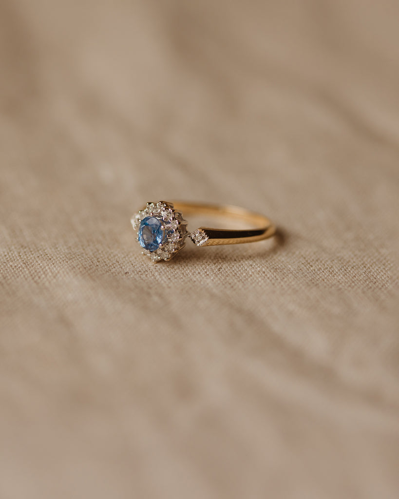 Maggie 1990 9ct Gold Blue Topaz & Diamond Cluster Ring