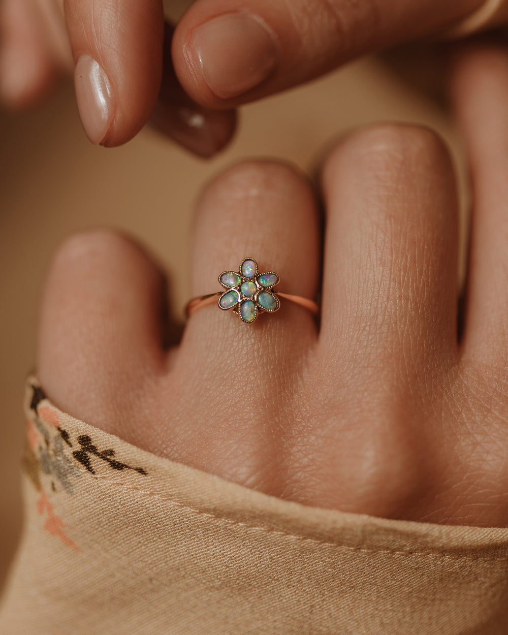 Annis Antique 9ct Gold Opal Flowerhead Cluster Ring
