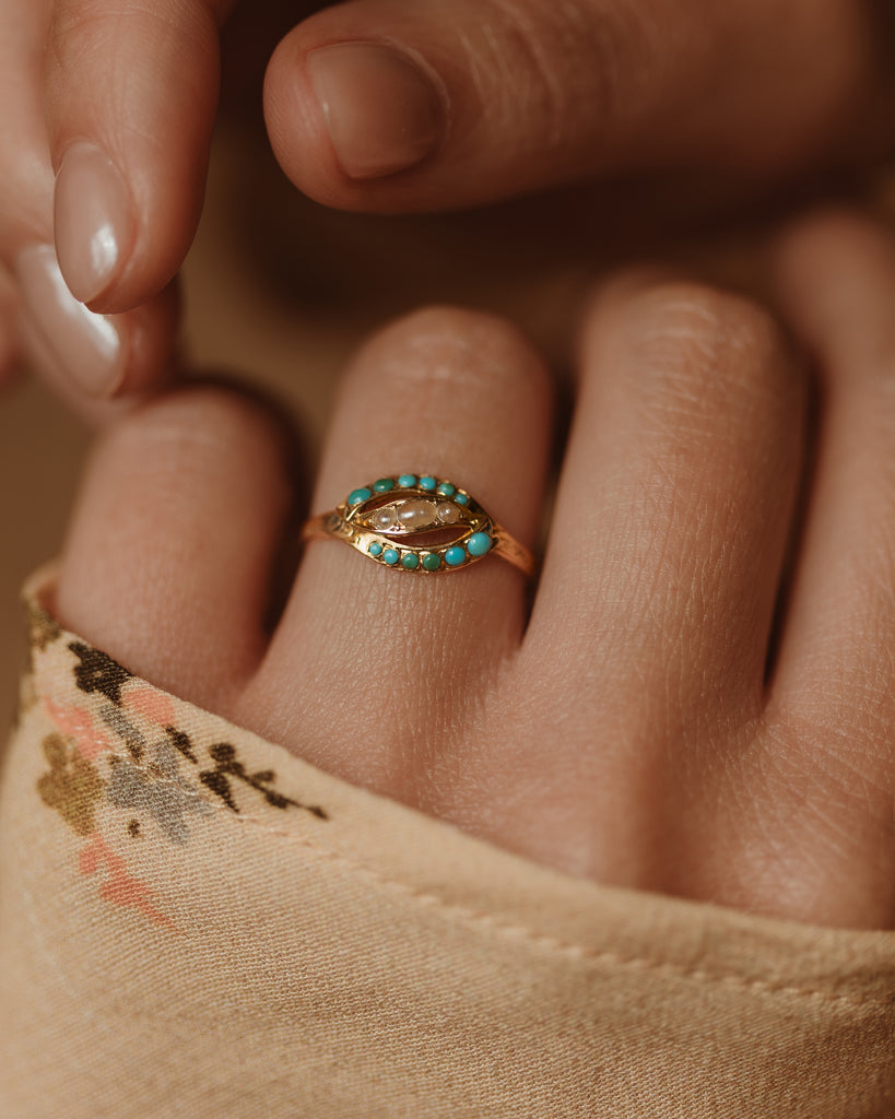 Edith Antique 18ct Gold Turquoise & Pearl Ring
