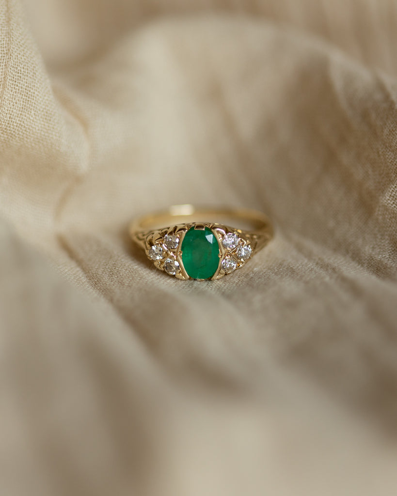 Marthe Vintage 9ct Gold Emerald & Diamond Seven Stone Ring