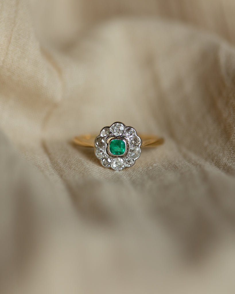 Fathima Antique Art Deco 18ct Gold Emerald & Diamond Cluster Ring