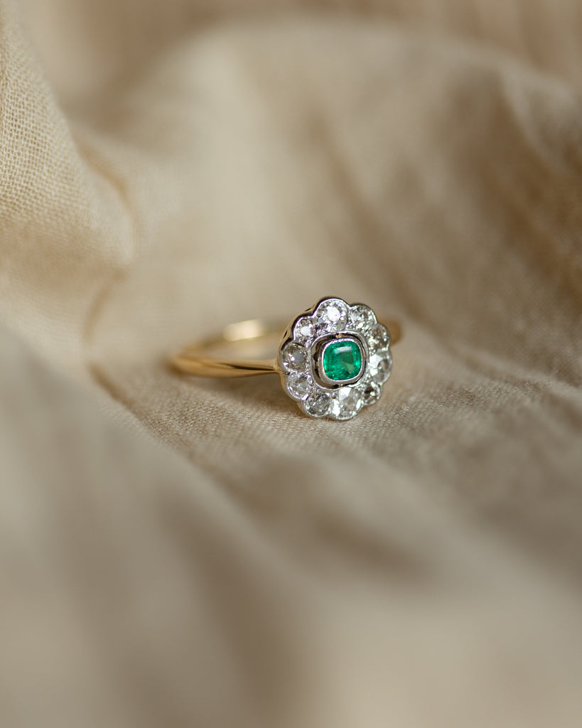 Fathima Antique Art Deco 18ct Gold Emerald & Diamond Cluster Ring