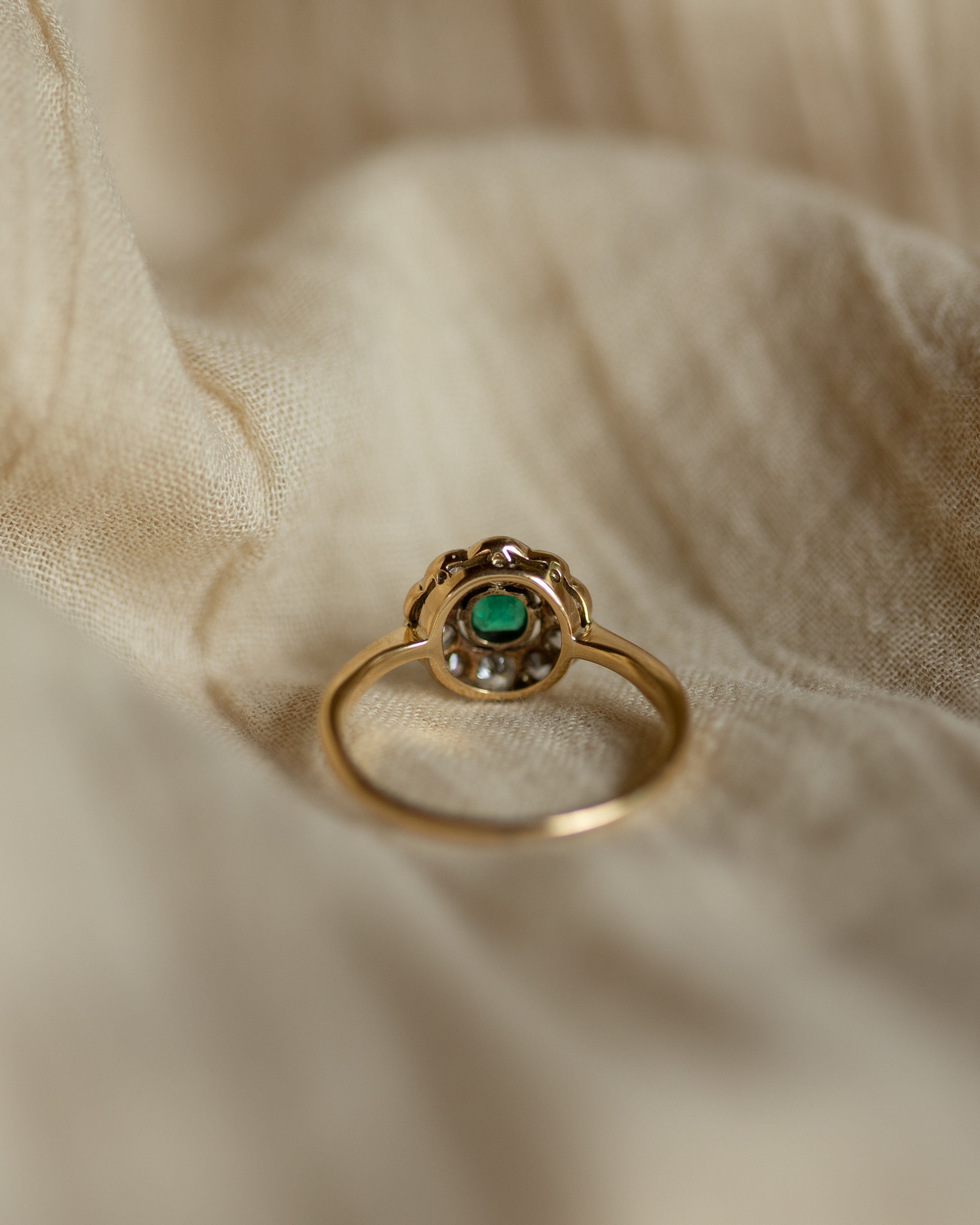 Fathima Antique Art Deco 18ct Gold Emerald & Diamond Cluster Ring