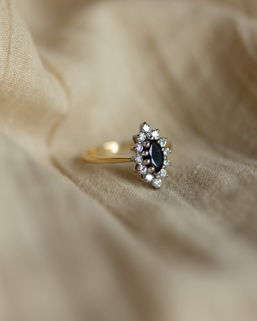Priscilla 1982 Vintage 18ct Gold Sapphire & Diamond Marquise Cluster Ring