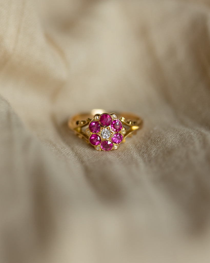 Therese 1908 Antique 18ct Gold Ruby & Diamond Cluster Ring
