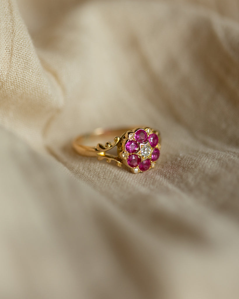 Therese 1908 Antique 18ct Gold Ruby & Diamond Cluster Ring