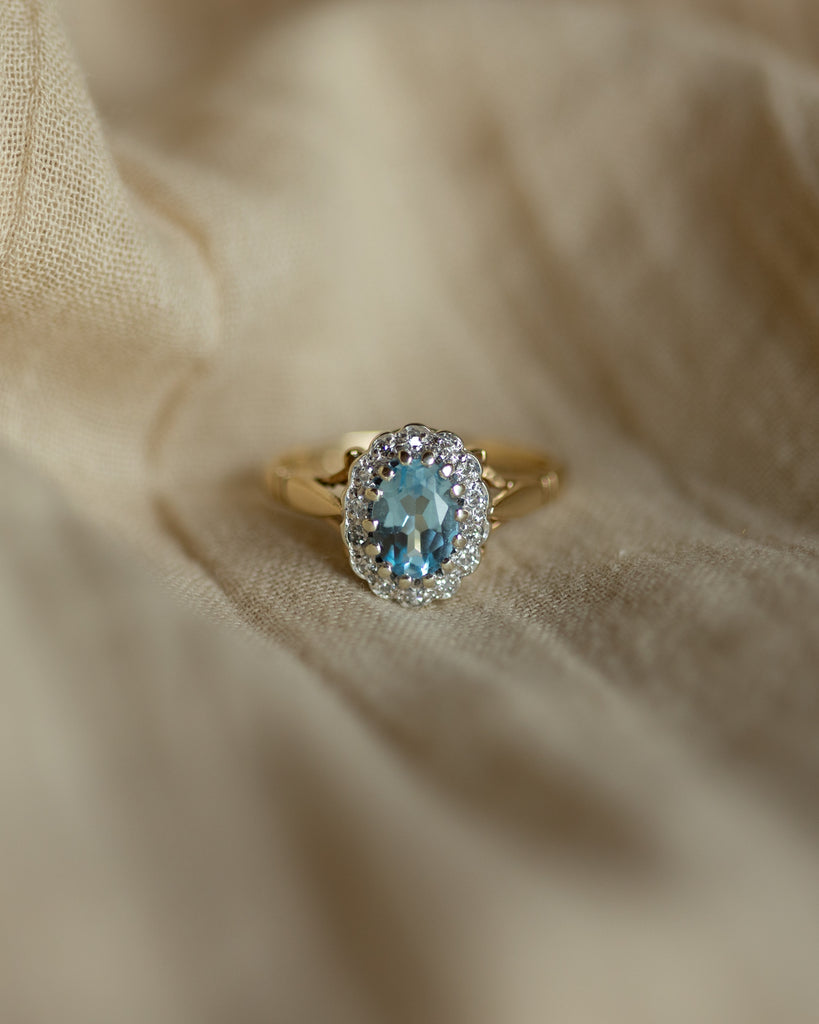 Catherine 1988 Vintage 9ct Gold Blue Topaz & Diamond Cluster Ring
