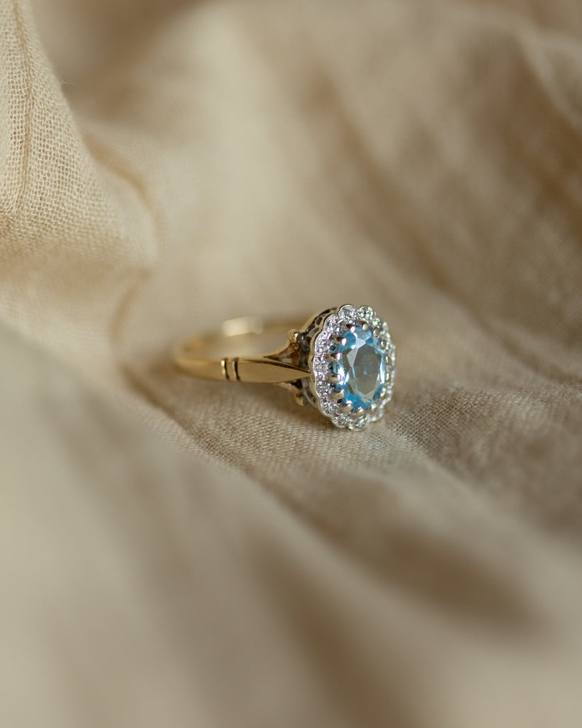 Catherine 1988 Vintage 9ct Gold Blue Topaz & Diamond Cluster Ring