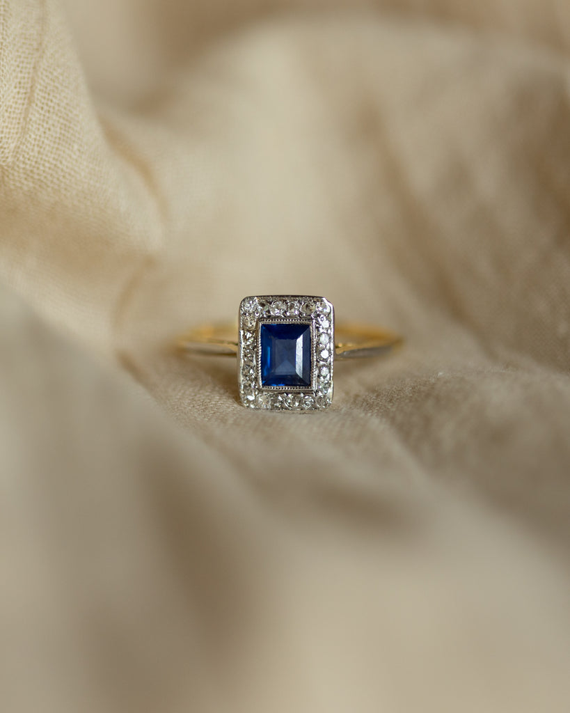 Manon Antique Art Deco 18ct Gold Sapphire & Diamond Rectangular Cluster