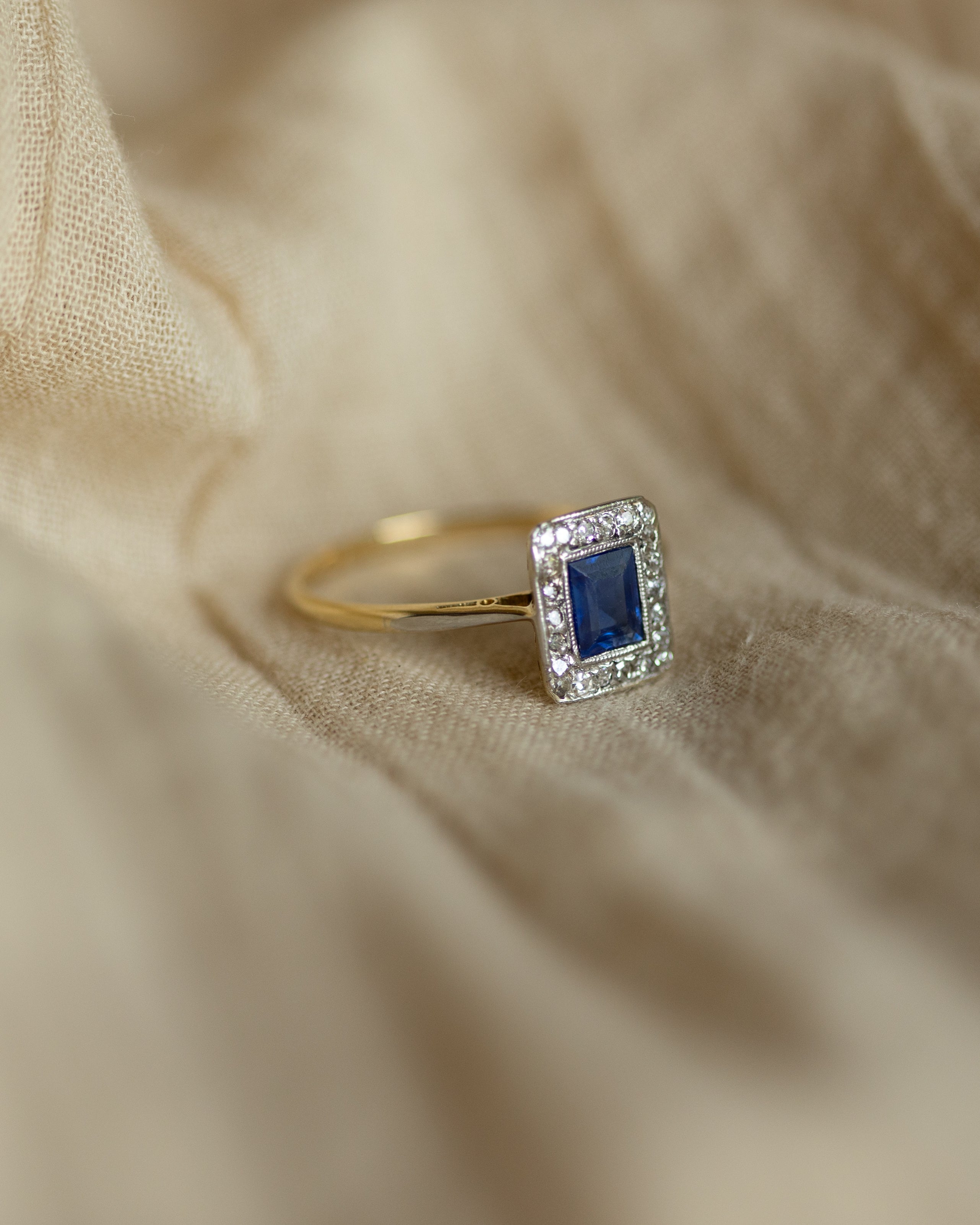Manon Antique Art Deco 18ct Gold Sapphire & Diamond Rectangular Cluster
