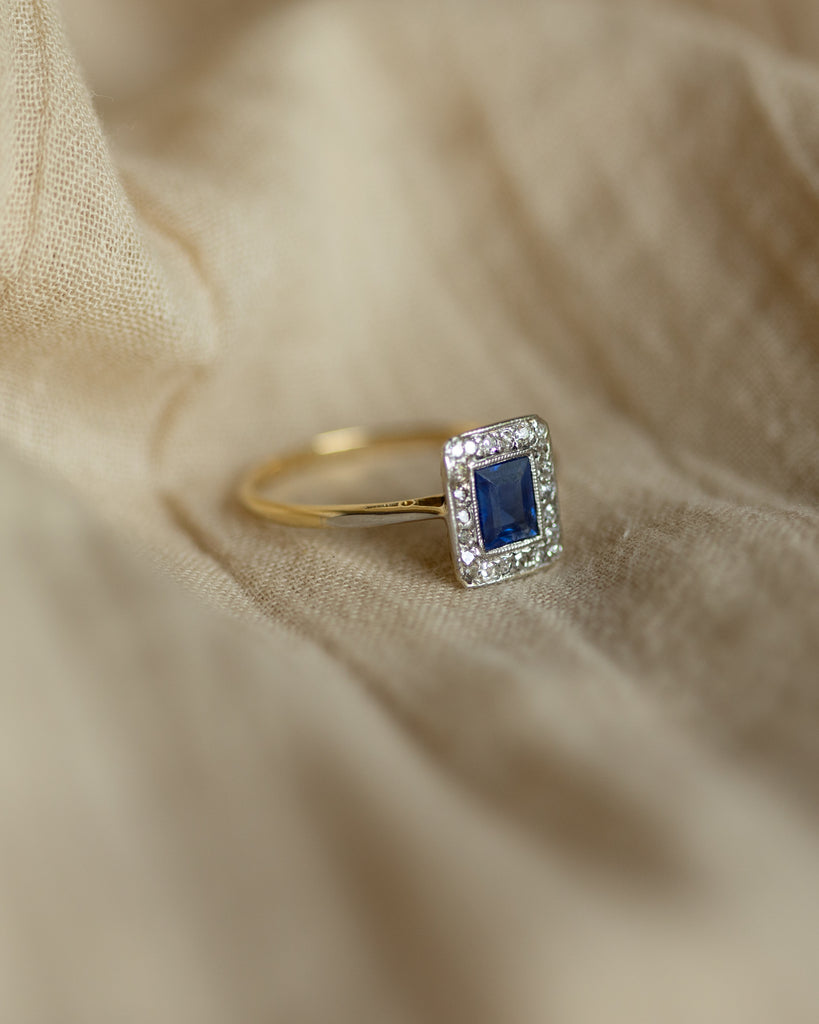 Manon Antique Art Deco 18ct Gold Sapphire & Diamond Rectangular Cluster
