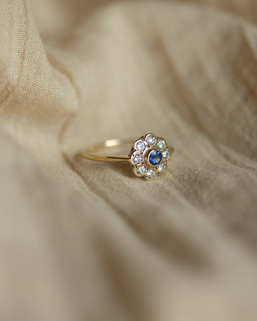 Daphne 1987 Vintage 9ct Gold Sapphire & Diamond Cluster Ring