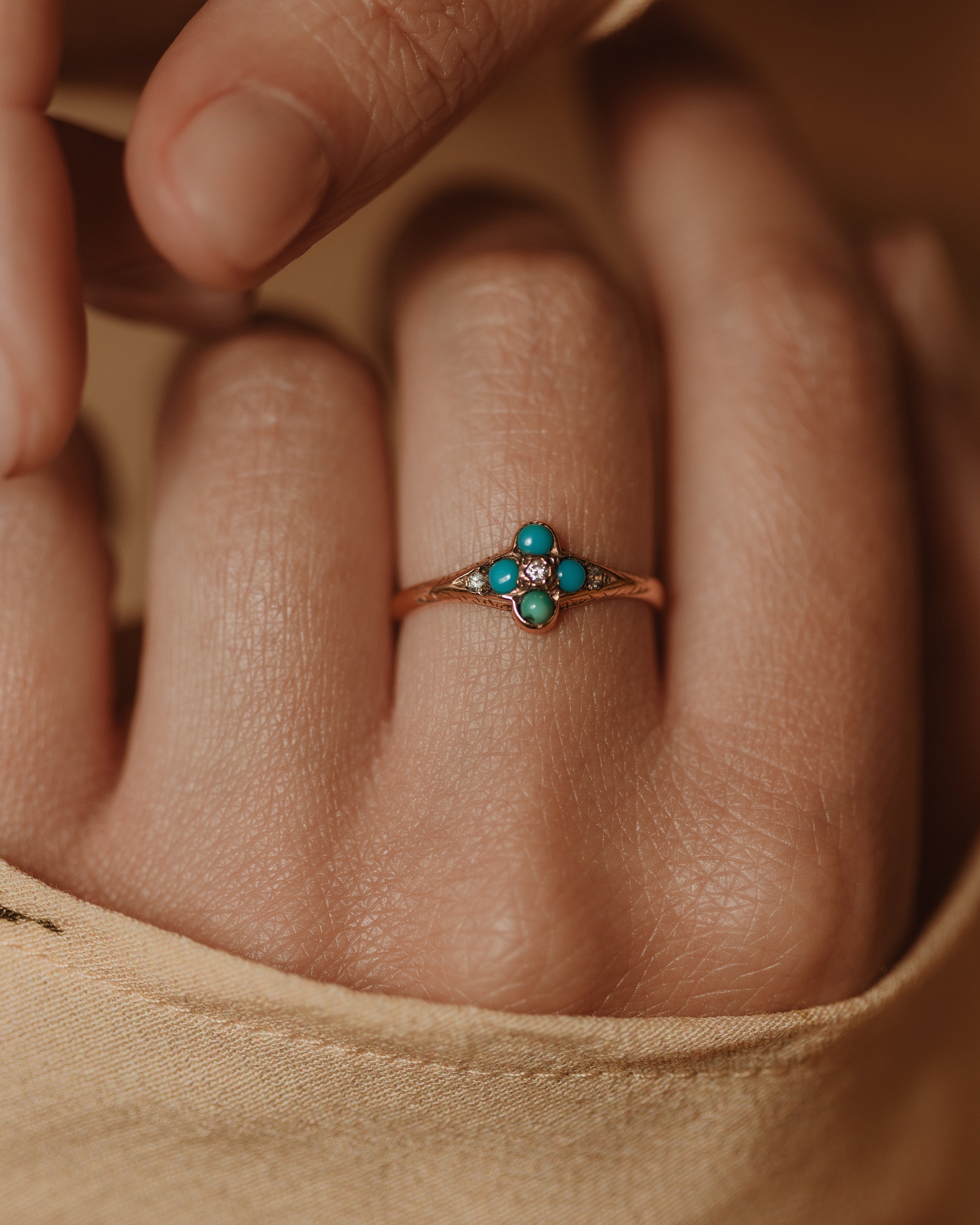 Image of Flora Antique 9ct Gold Turquoise & Paste Cluster Ring