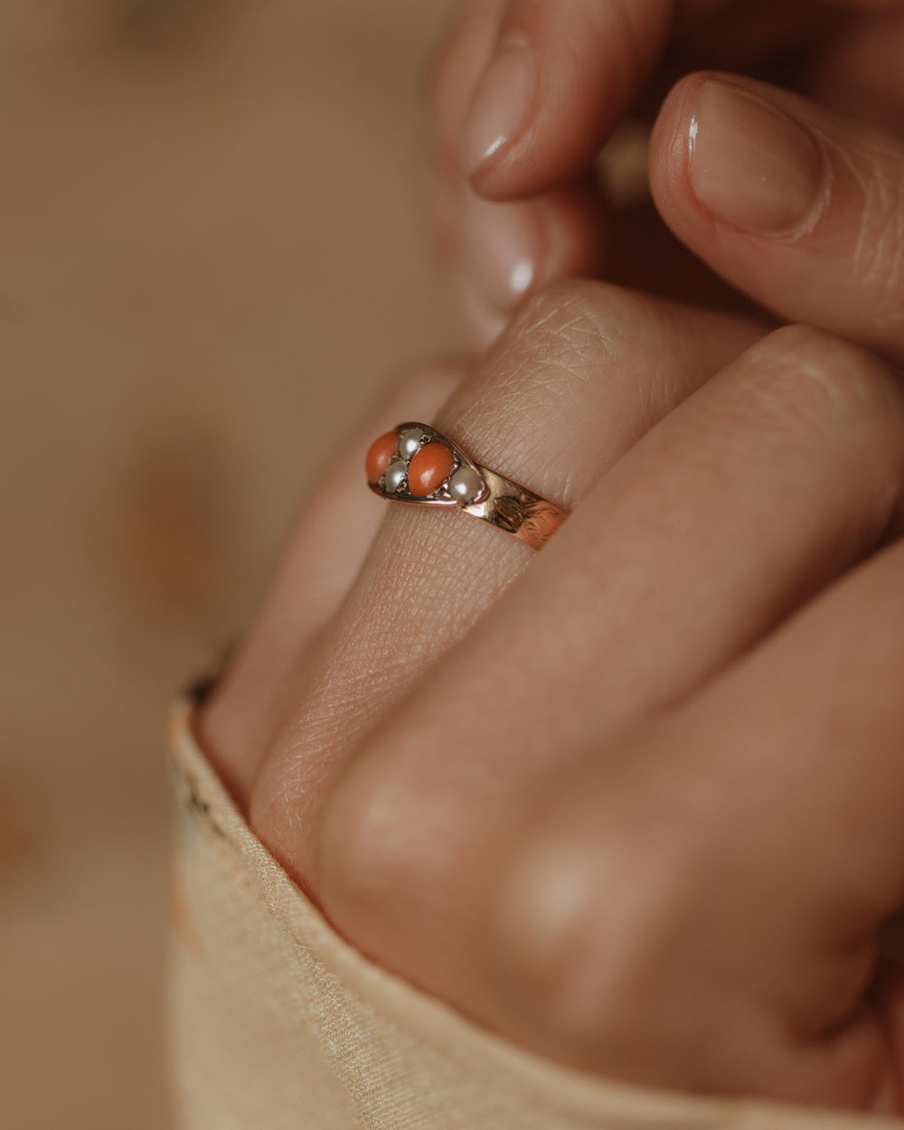 Blanch Antique Victorian 9ct Gold Coral & Pearl Ring