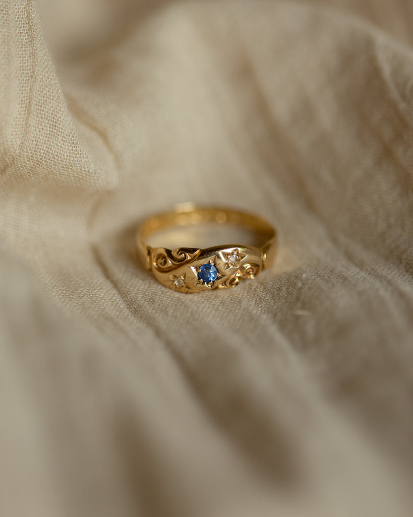 Chessie 1909 Antique 18ct Gold Sapphire & Diamond Trilogy Ring