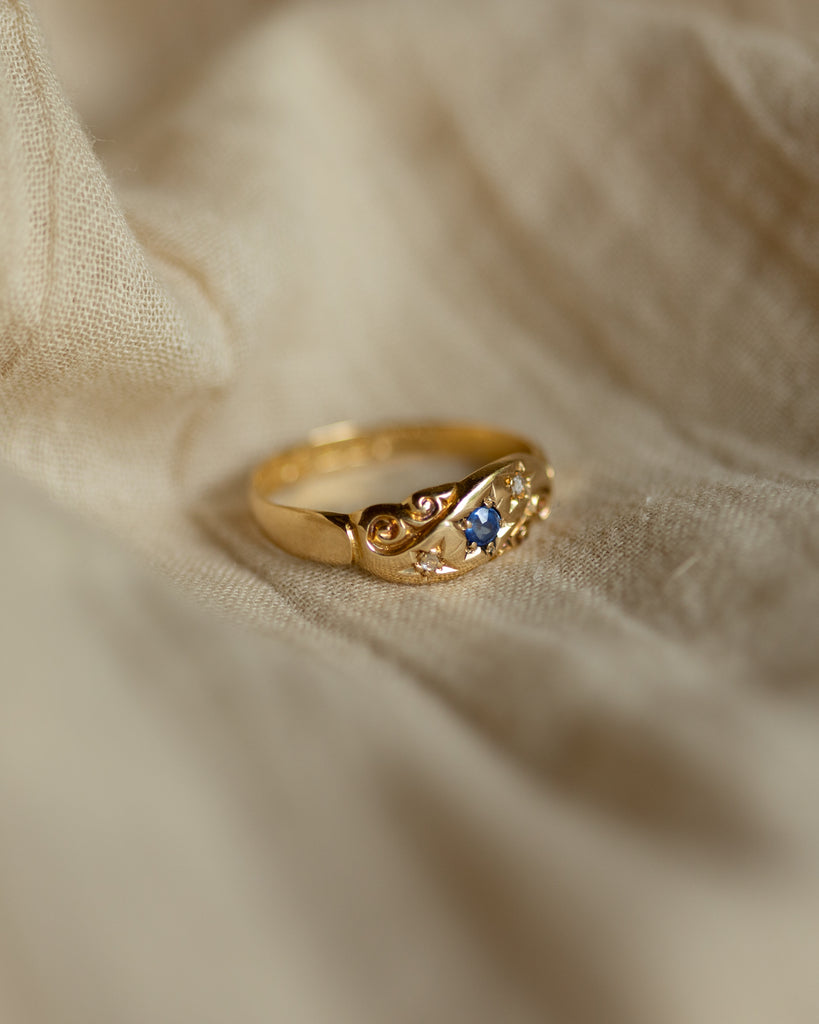 Chessie 1909 Antique 18ct Gold Sapphire & Diamond Trilogy Ring
