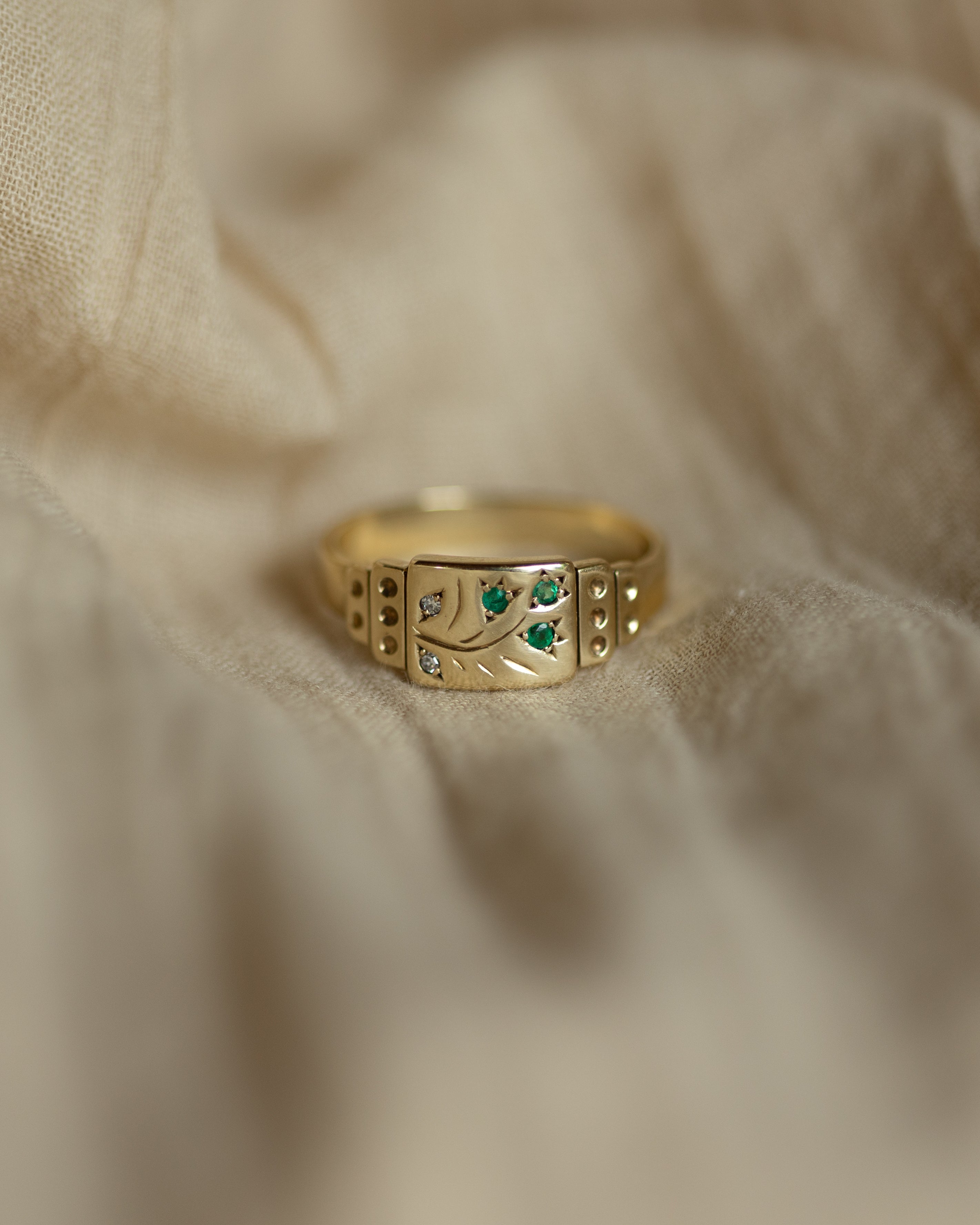 Bertha Antique 9ct Gold Emerald & Diamond Floral Signet Ring