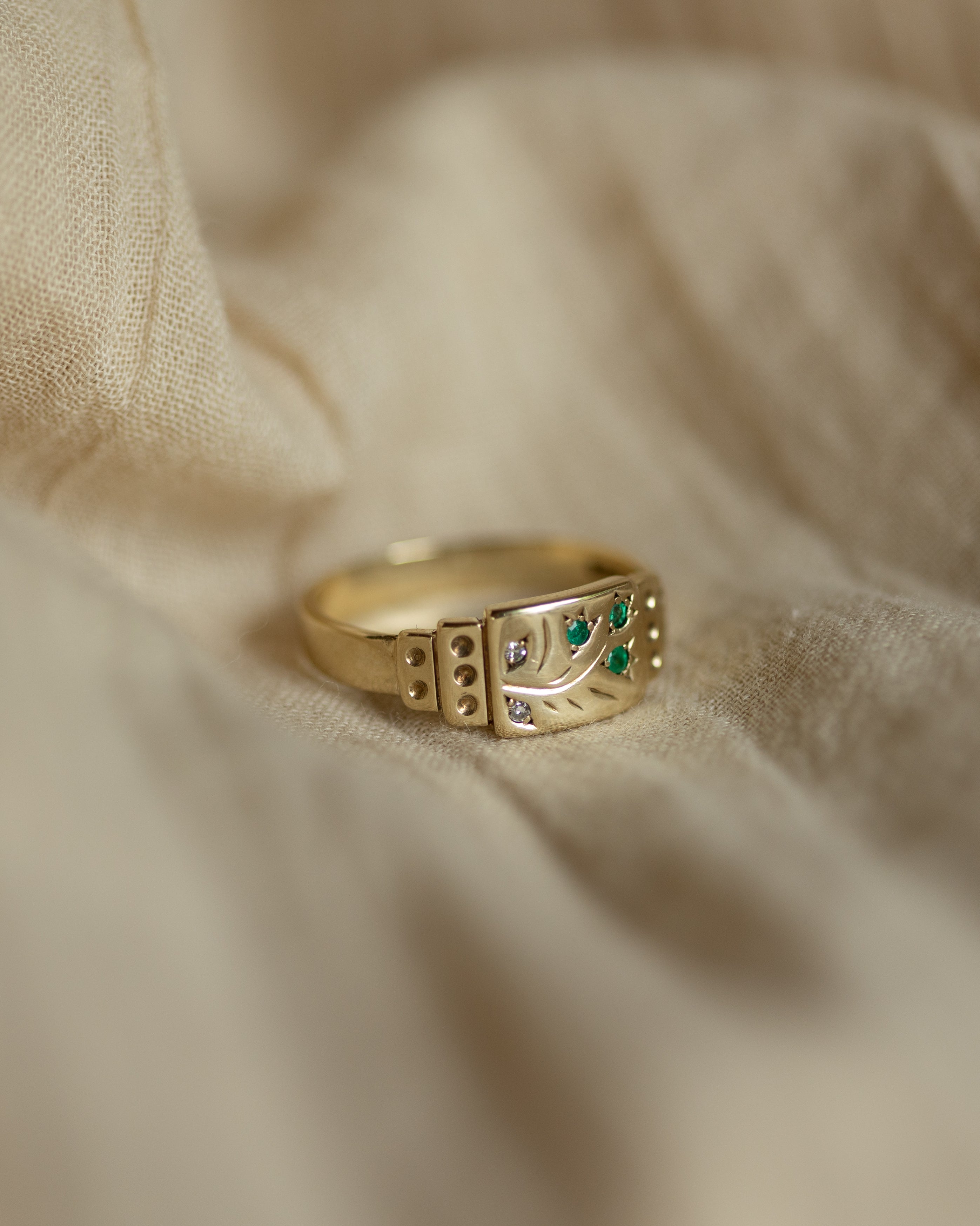 Bertha Antique 9ct Gold Emerald & Diamond Floral Signet Ring