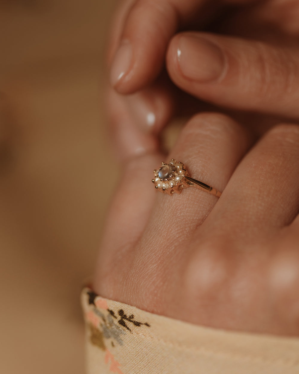Marta 1991 Vintage 9ct Gold Moonstone & Pearl Cluster Ring