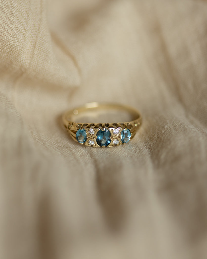 Antonia 1989 Vintage 9ct Gold Blue Topaz & Diamond Seven Stone Ring