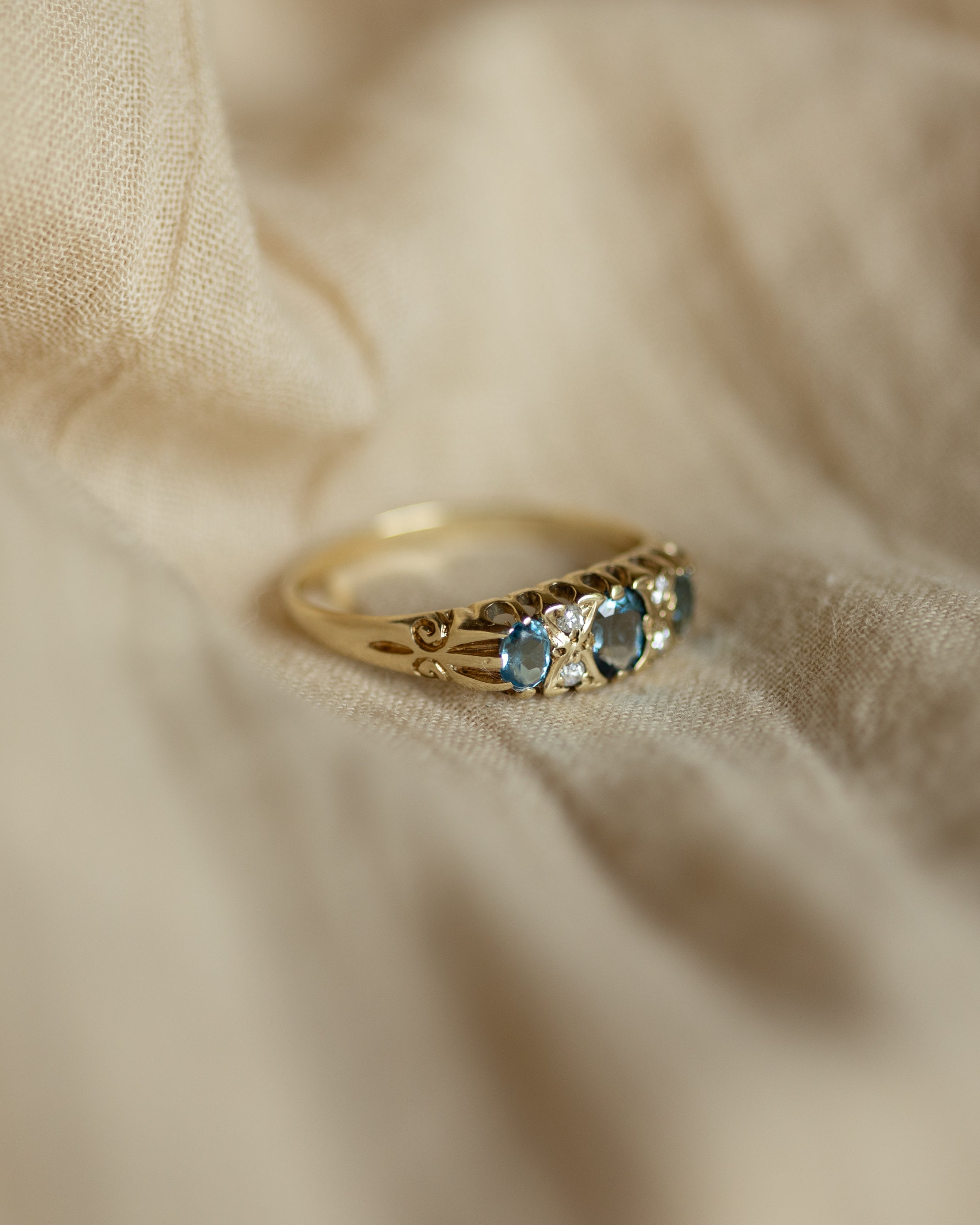 Antonia 1989 Vintage 9ct Gold Blue Topaz & Diamond Seven Stone Ring