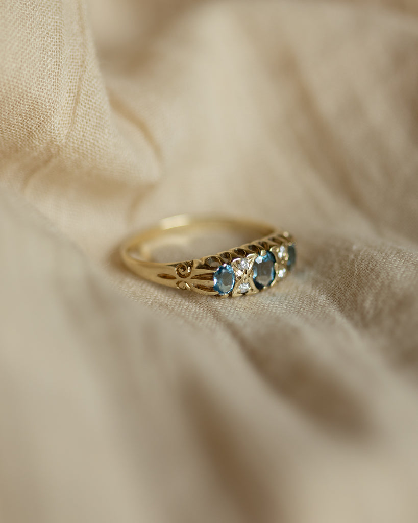 Antonia 1989 Vintage 9ct Gold Blue Topaz & Diamond Seven Stone Ring