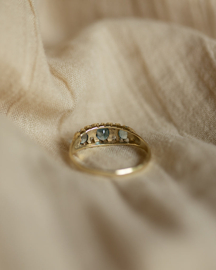 Antonia 1989 Vintage 9ct Gold Blue Topaz & Diamond Seven Stone Ring