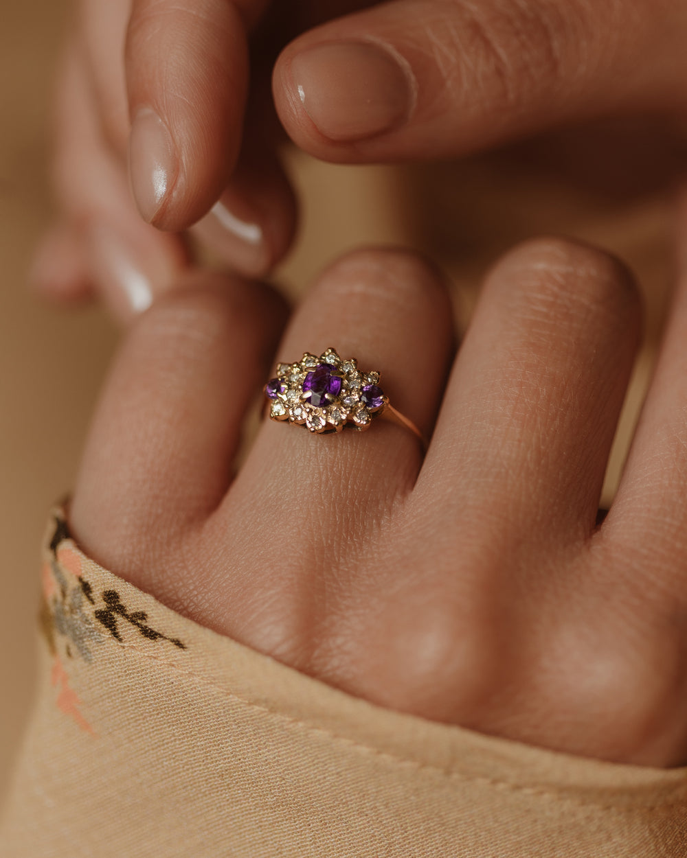 Josie 1991 Vintage 9ct Gold Amethyst & Diamond Cluster Ring