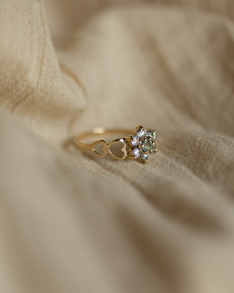 Belle Vintage 9ct Gold Topaz & CZ Flowerhead Cluster Ring
