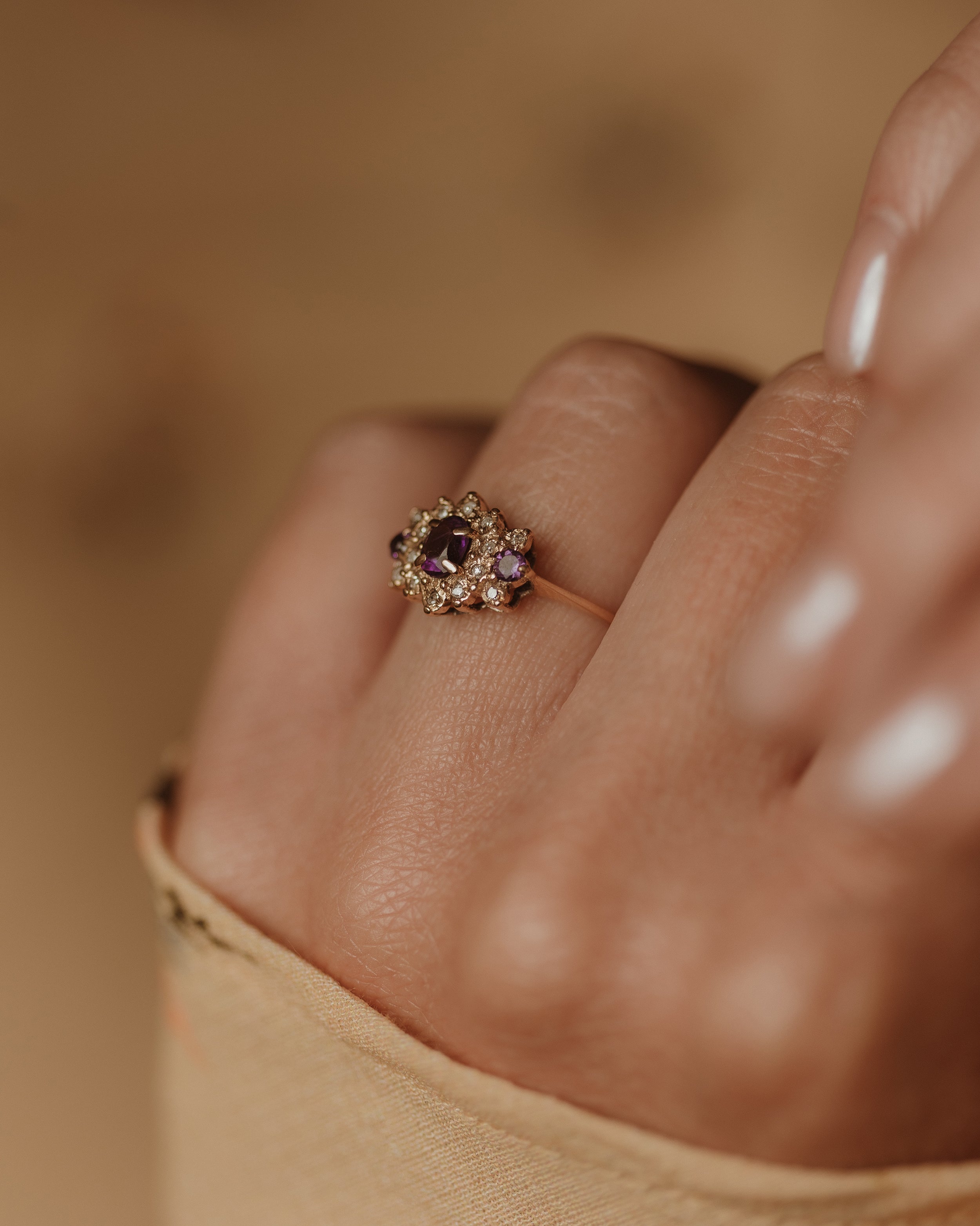 Josie 1991 Vintage 9ct Gold Amethyst & Diamond Cluster Ring