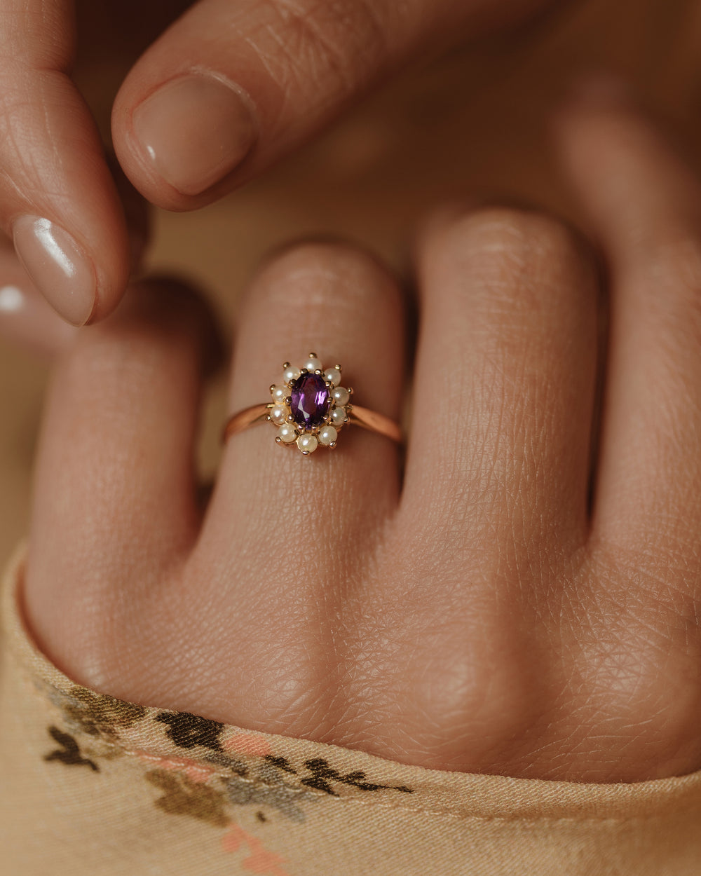 Tabitha 1987 Vintage 9ct Gold Amethyst & Pearl Cluster Ring