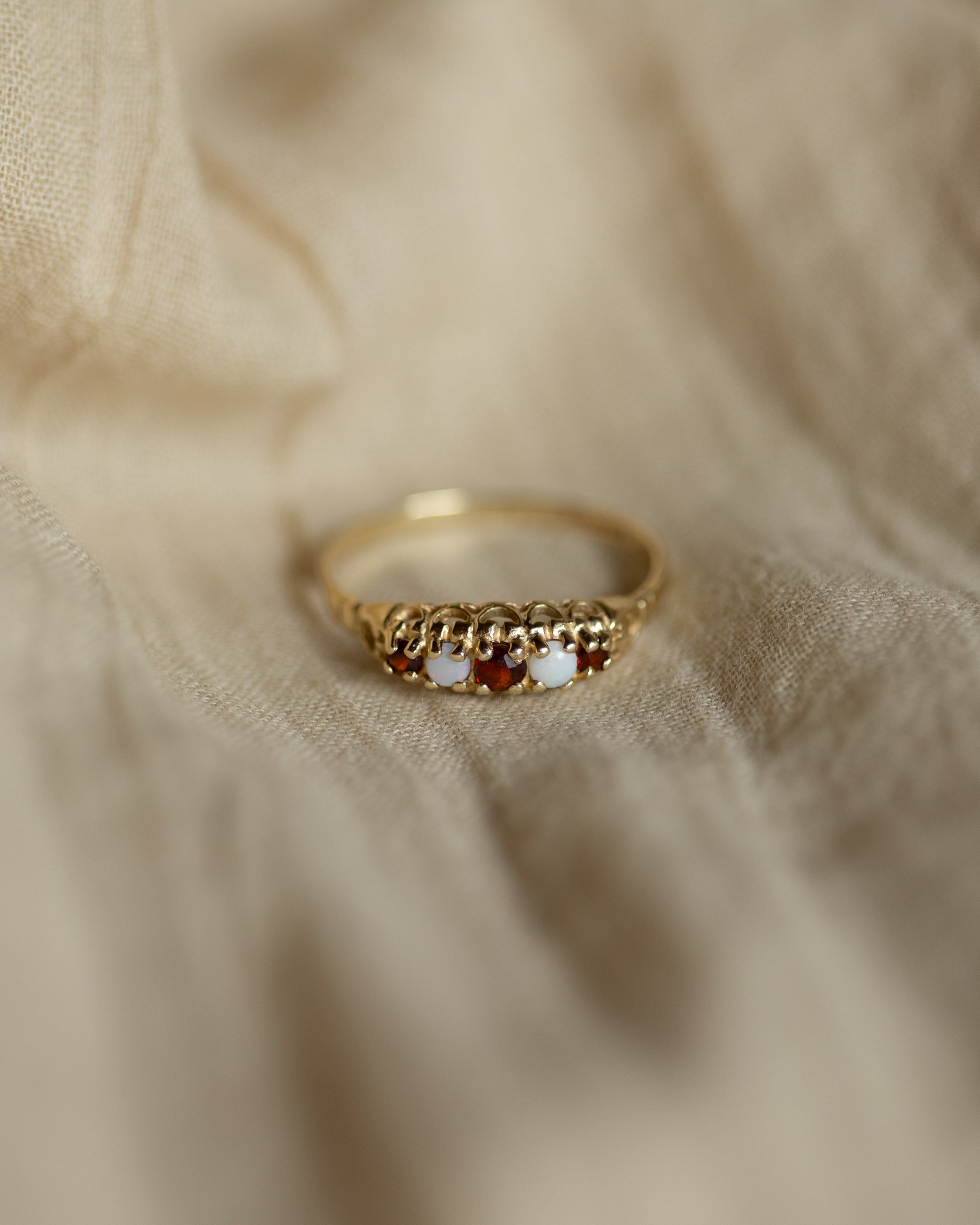 Anne 1990 Vintage 9ct Gold Garnet & Opal Five Stone Ring