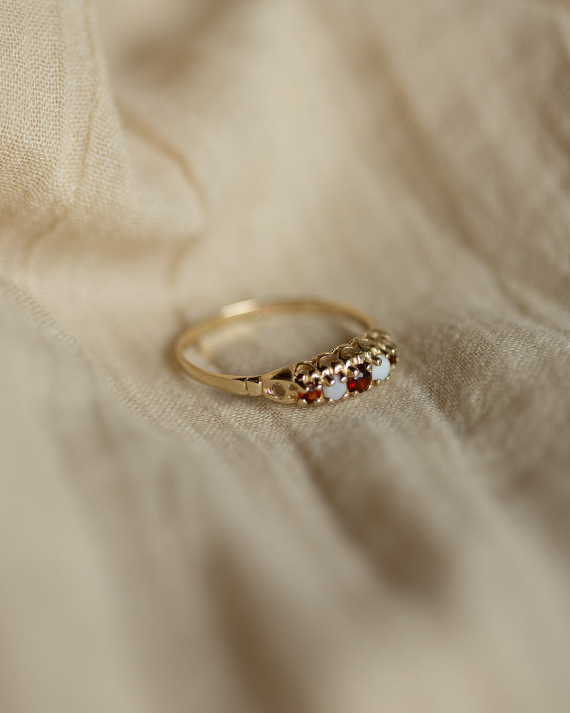 Anne 1990 Vintage 9ct Gold Garnet & Opal Five Stone Ring