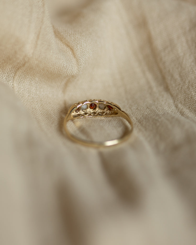 Anne 1990 Vintage 9ct Gold Garnet & Opal Five Stone Ring