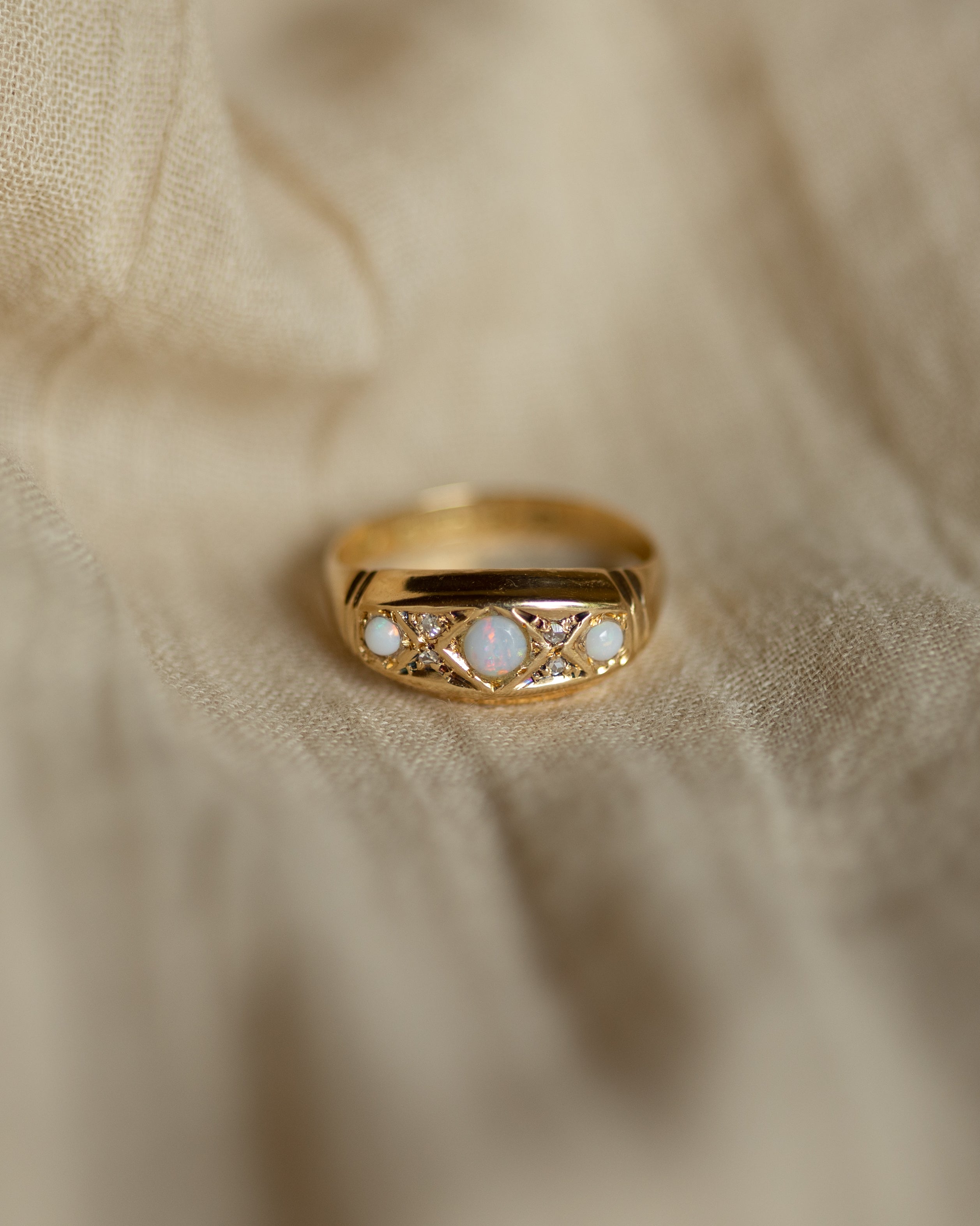 Alma 1915 Antique 18ct Gold Opal & Diamond Trilogy Ring