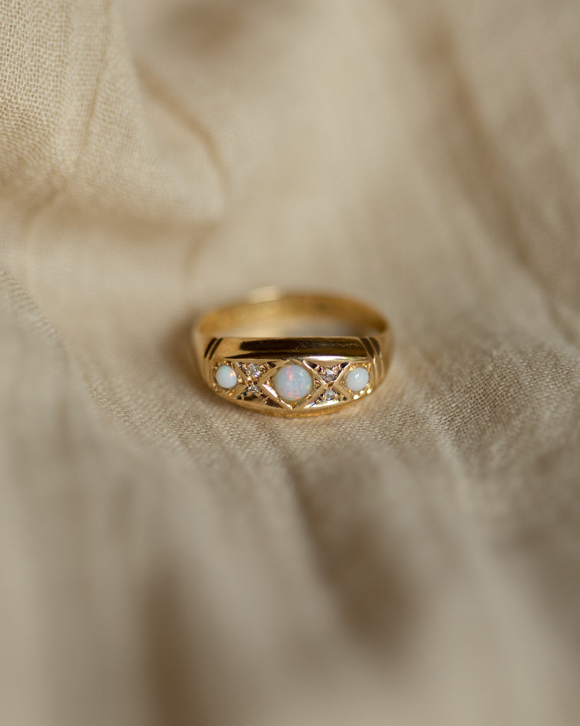 Alma 1915 Antique 18ct Gold Opal & Diamond Trilogy Ring