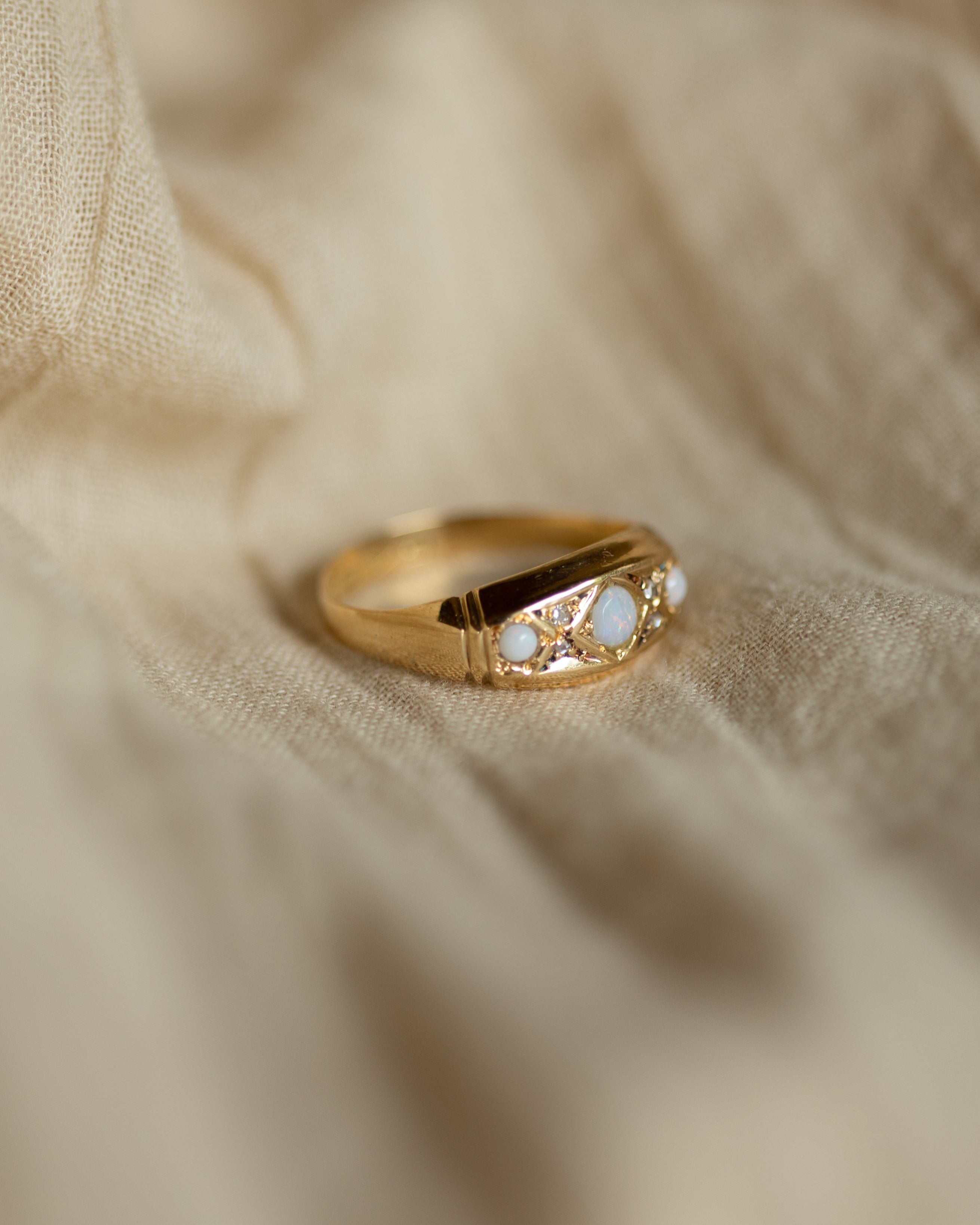 Alma 1915 Antique 18ct Gold Opal & Diamond Trilogy Ring