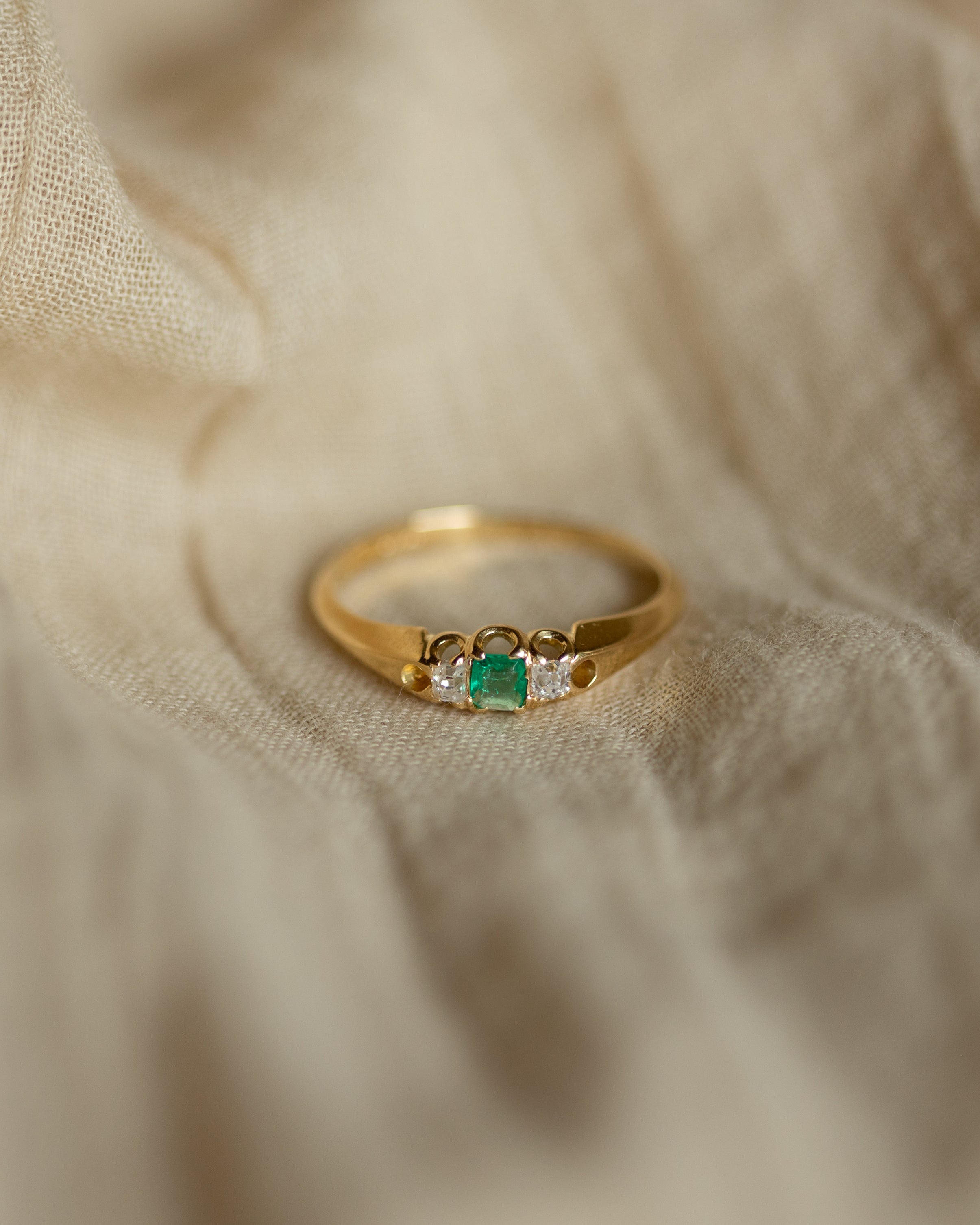 Félicie Antique 18ct Gold Emerald & Diamond Trilogy Ring