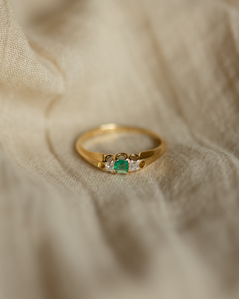 Félicie Antique 18ct Gold Emerald & Diamond Trilogy Ring