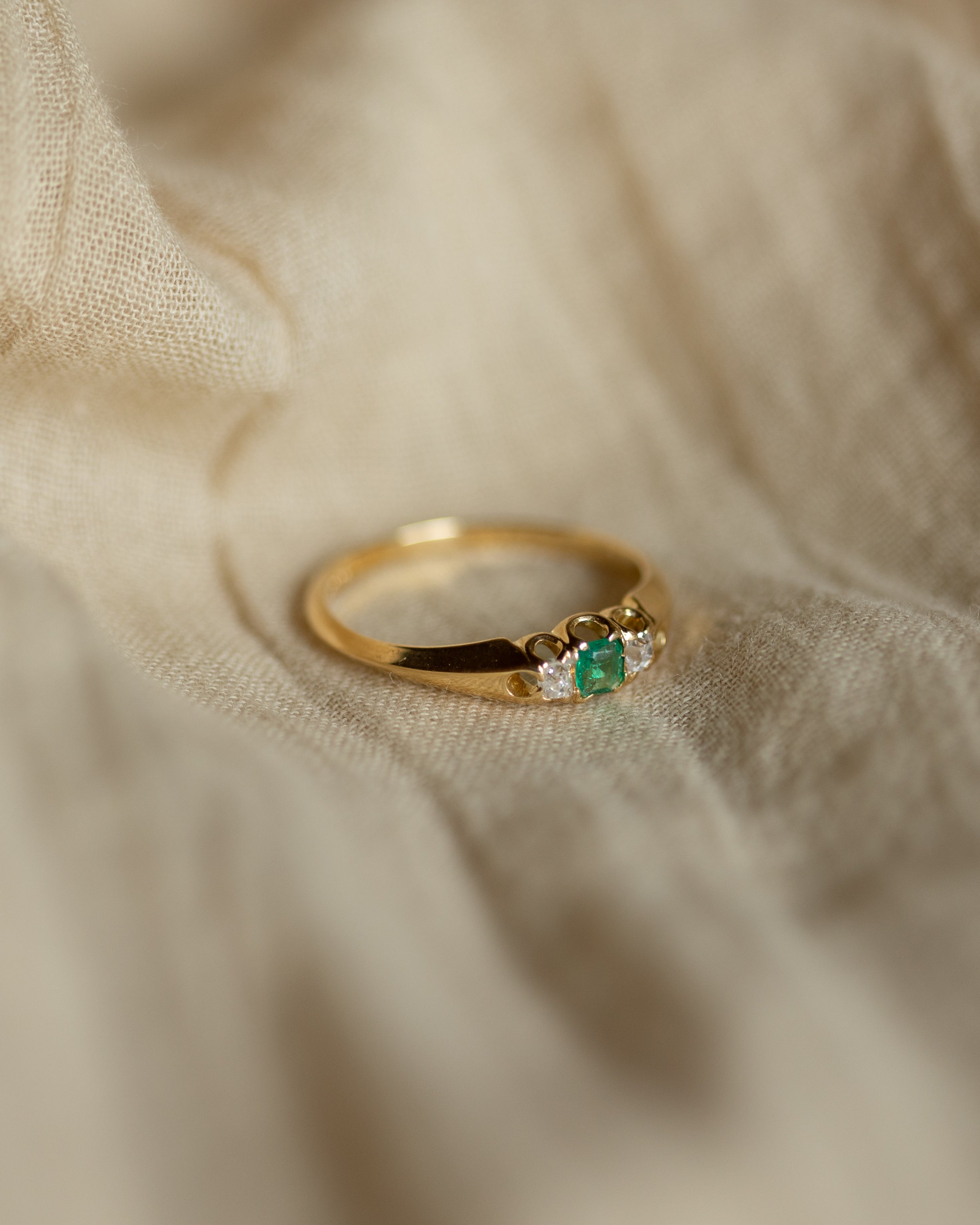 Félicie Antique 18ct Gold Emerald & Diamond Trilogy Ring
