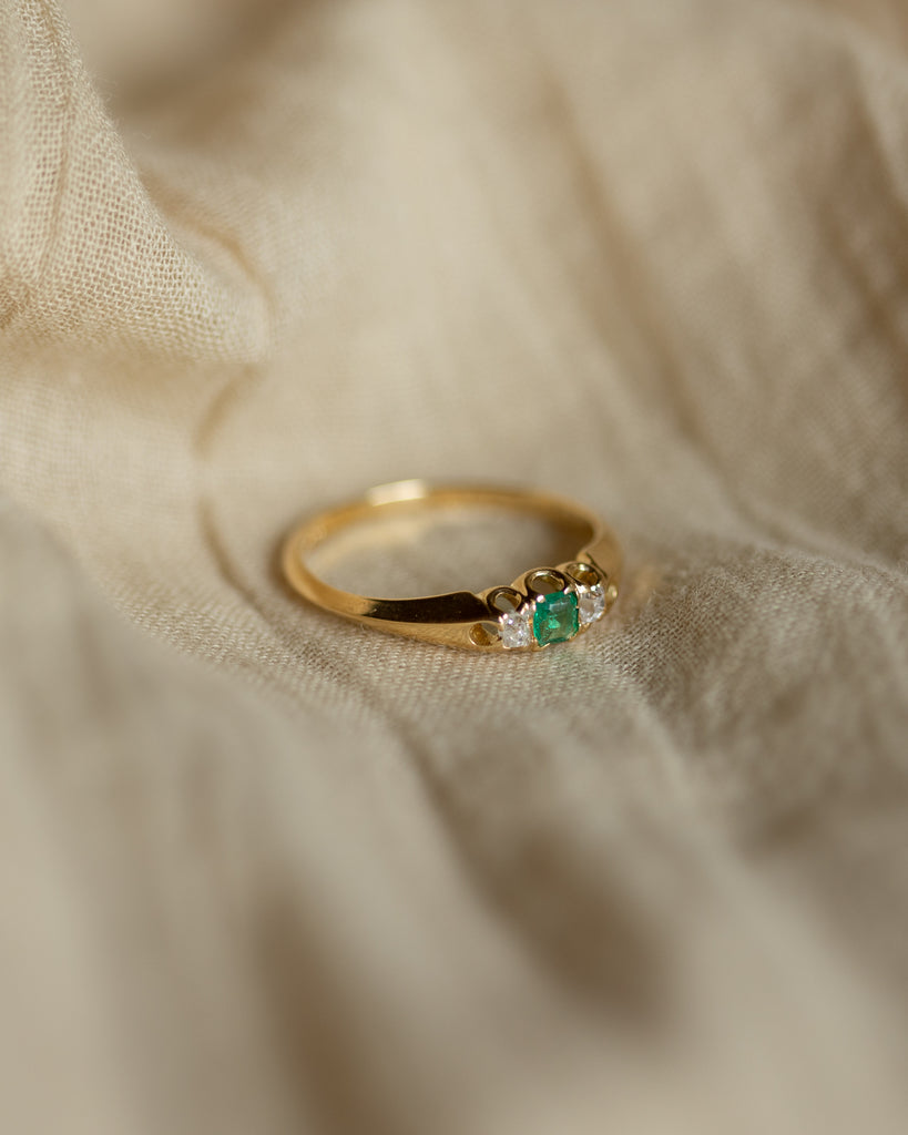 Félicie Antique 18ct Gold Emerald & Diamond Trilogy Ring