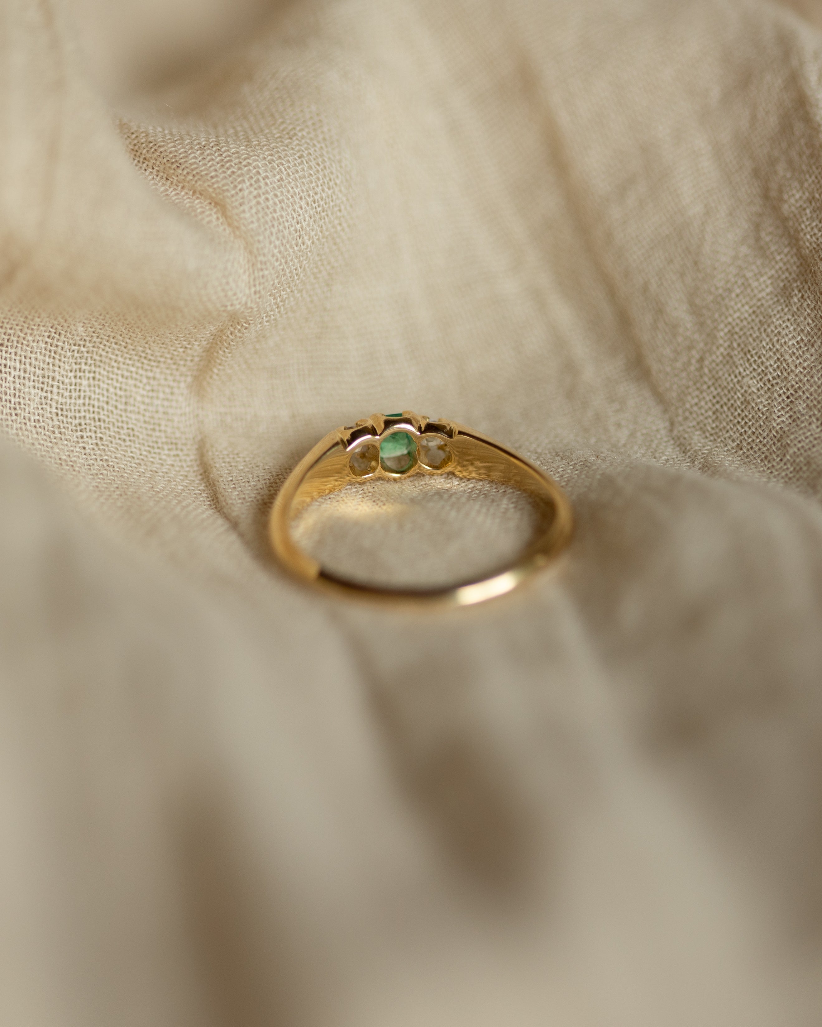 Félicie Antique 18ct Gold Emerald & Diamond Trilogy Ring