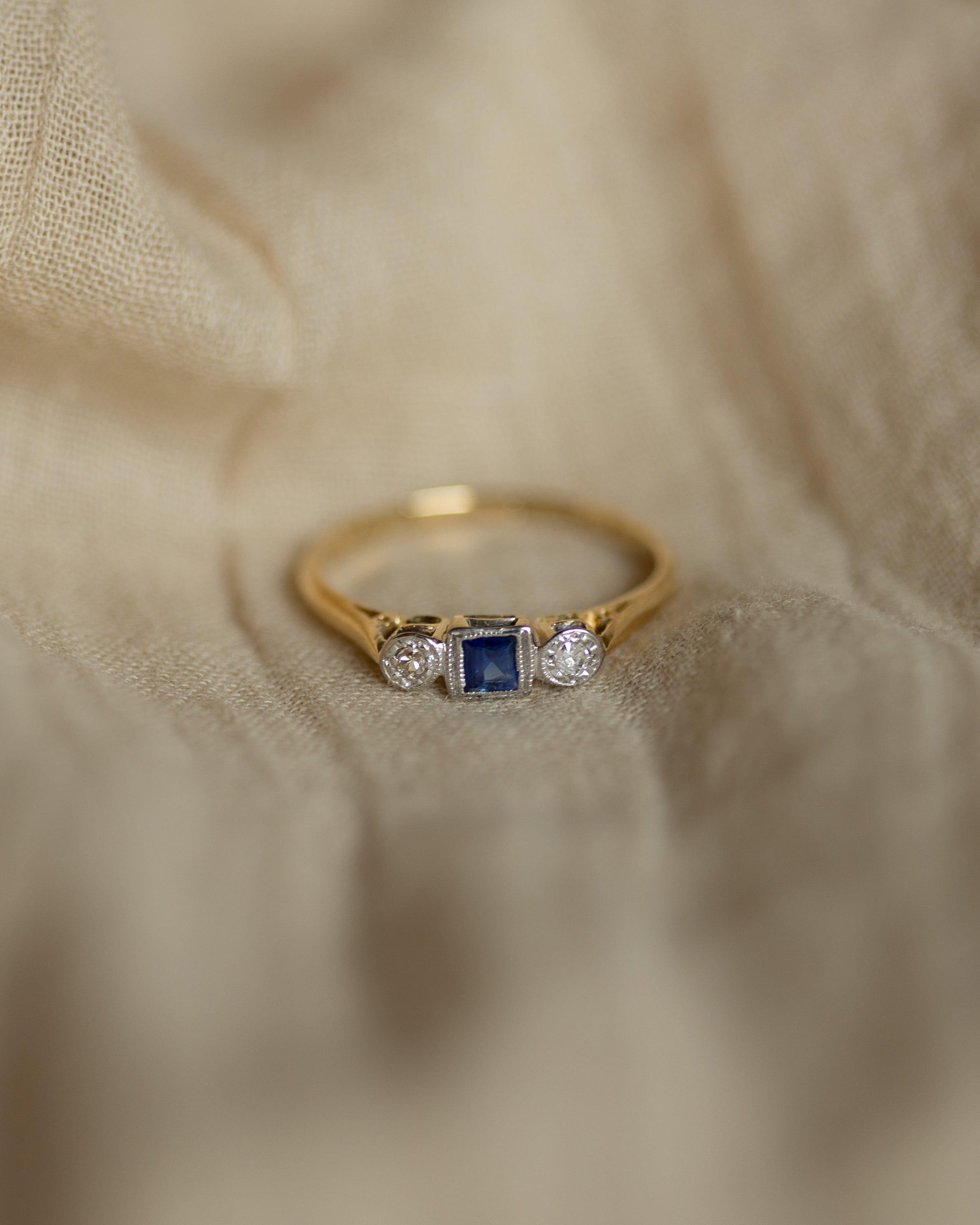 Claudine Antique Art Deco 18ct Gold Sapphire & Diamond Trilogy Ring