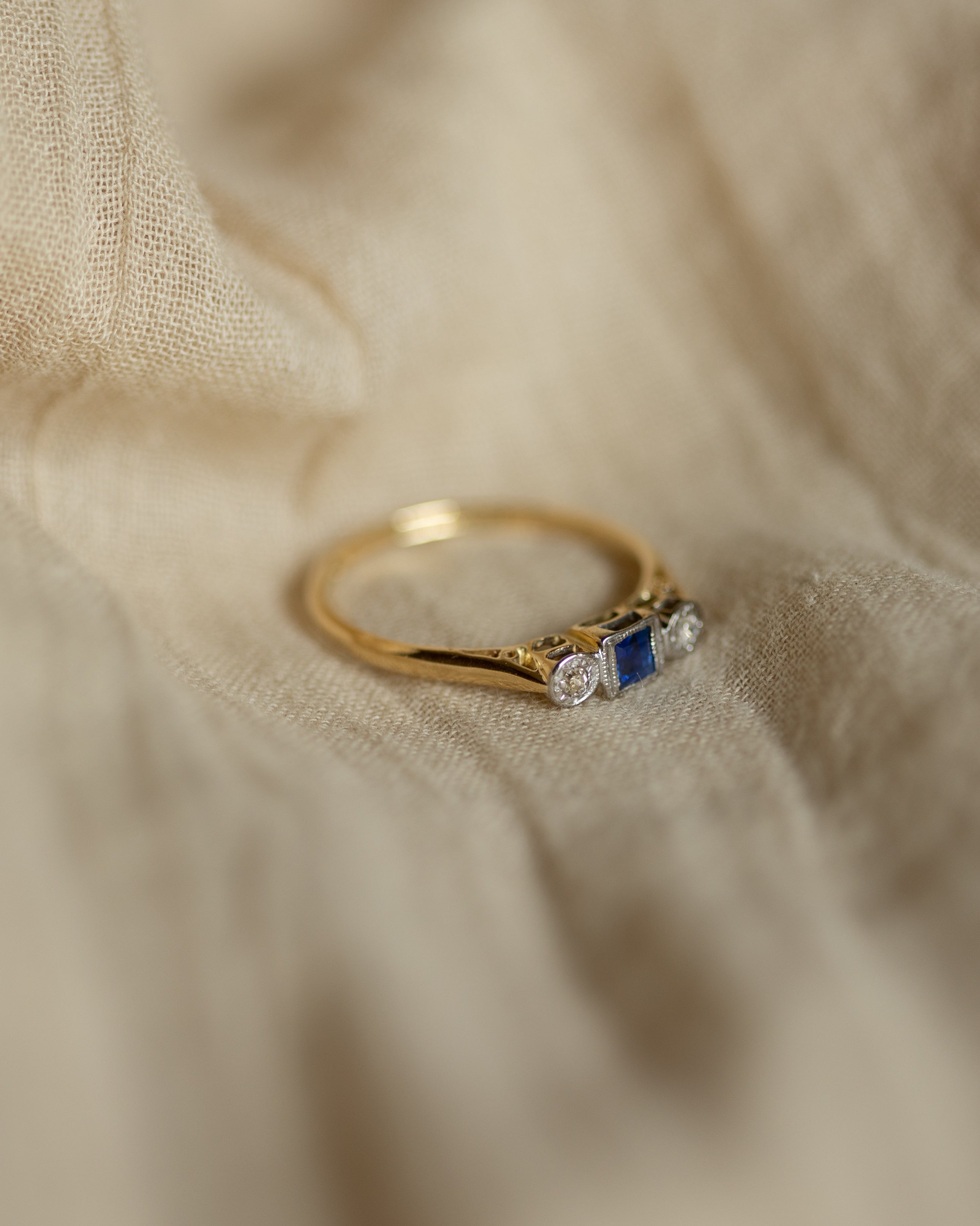 Claudine Antique Art Deco 18ct Gold Sapphire & Diamond Trilogy Ring