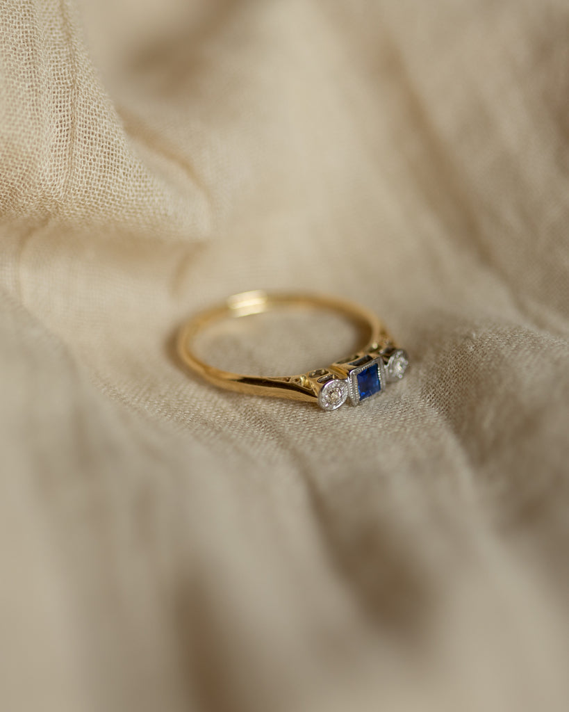 Claudine Antique Art Deco 18ct Gold Sapphire & Diamond Trilogy Ring