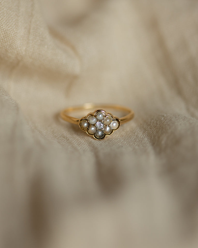 Lydie Antique 18ct Gold Diamond & Pearl Cluster Ring
