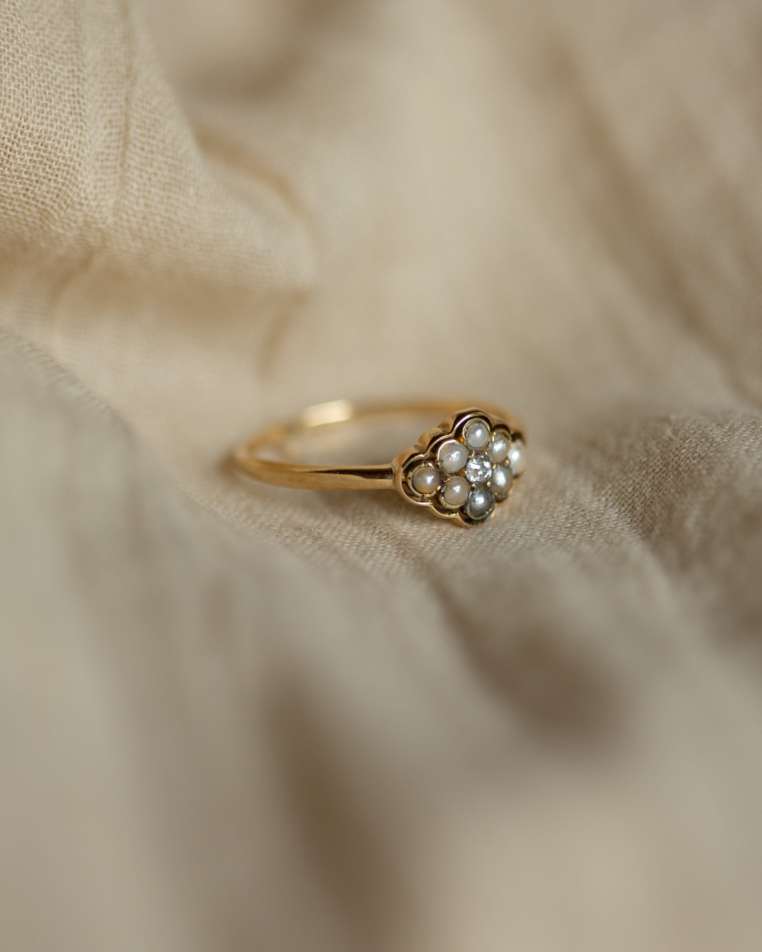 Lydie Antique 18ct Gold Diamond & Pearl Cluster Ring